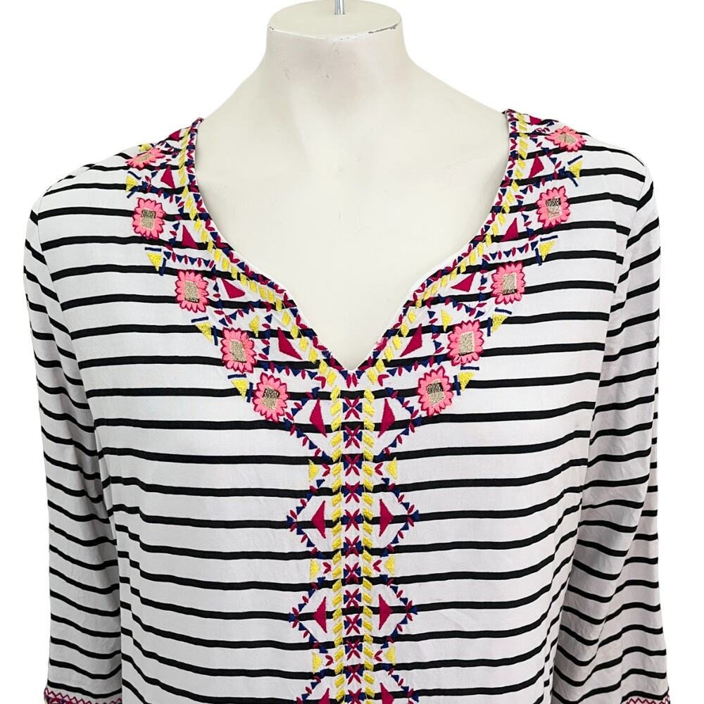 ELLA MOON Breton Stripe Embroidered Shift Dress  Nautical Preppy Bohemian  SZ XL